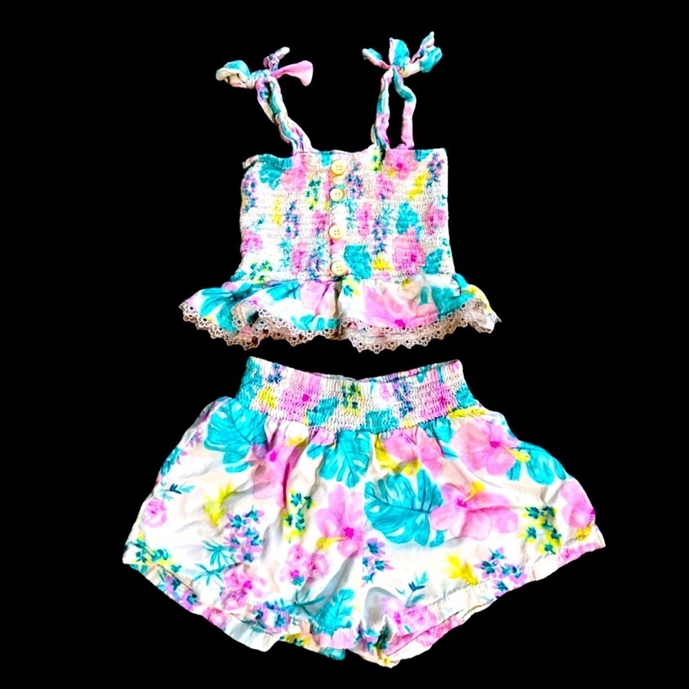 Girls Tank and Short Set Floral with Decorative Ties Jessica Simpson Size 5/6